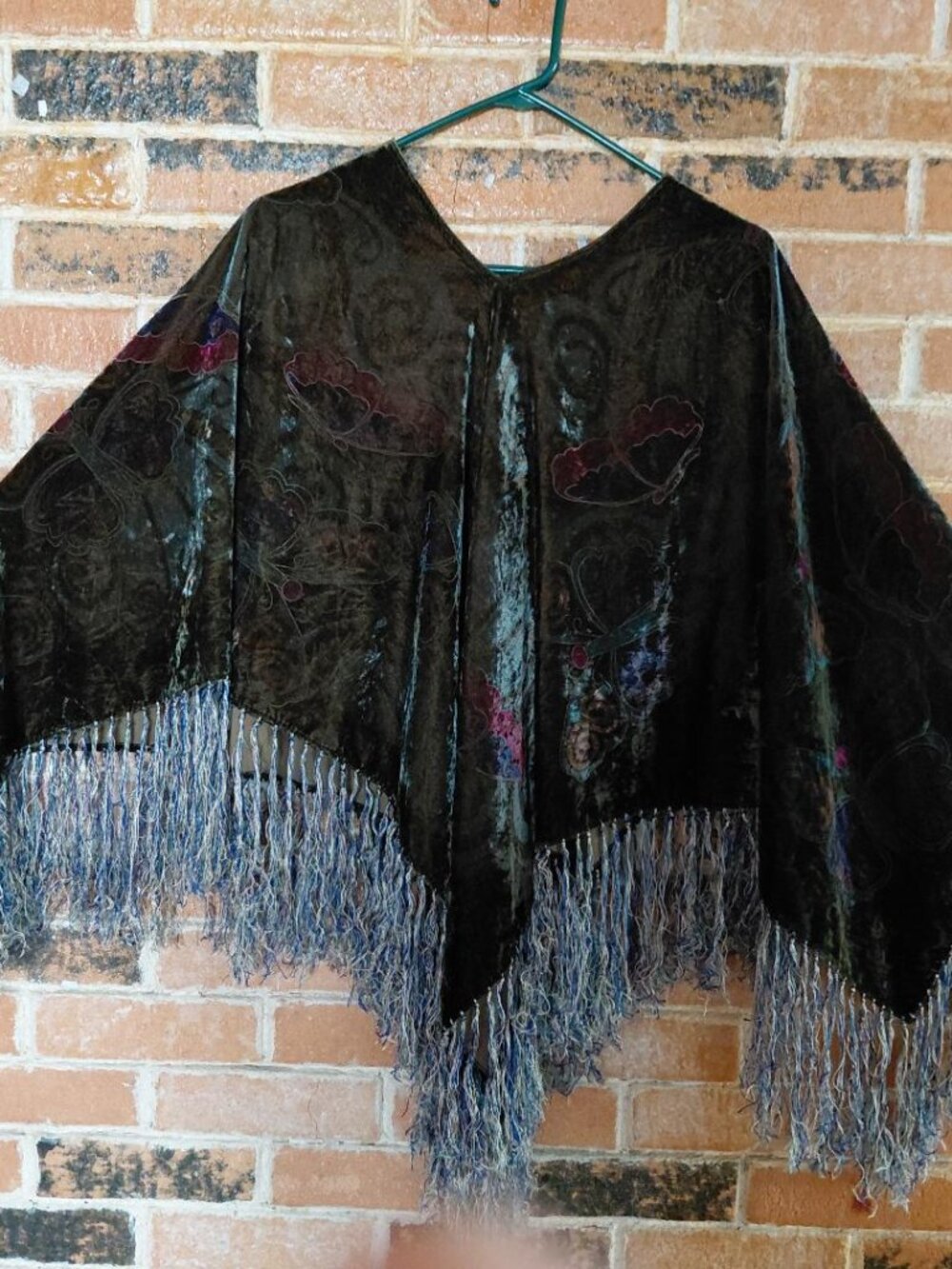 Printed Velvet Boho Poncho with Long Fringe